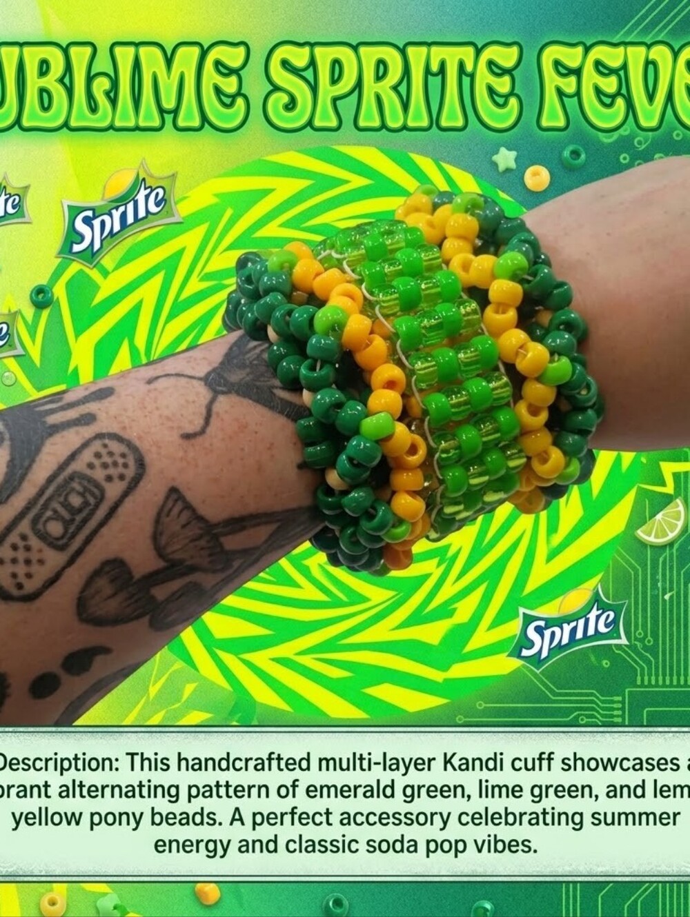 Sublime Sprite Fever - Rotating Cuff - Kandi Bracelet - EDM Rave Festival Jewelr